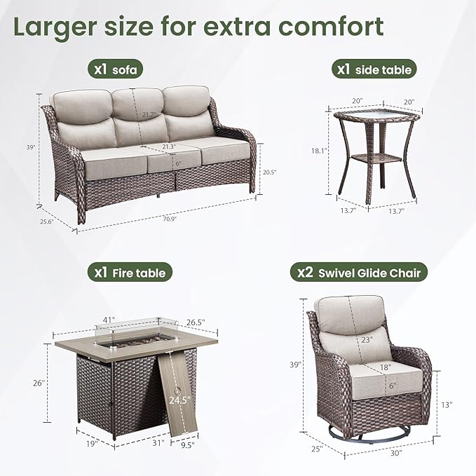 Luxury Patio Furniture Set with 6-inch Thick Cushion, Outdoor Furniture with Fire Pit Table, Swivel Chairs, Side Table, Sofa, 5pcs Wicker Conversation Set for Deck Yard and Poolside(Beige)