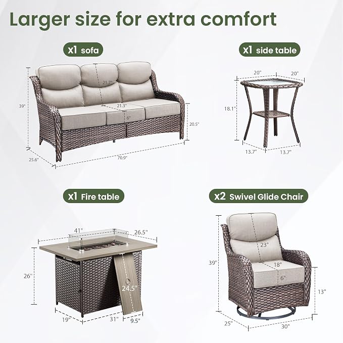 Luxury Patio Furniture Set with 6-inch Thick Cushion, Outdoor Furniture with Fire Pit Table, Swivel Chairs, Side Table, Sofa, 5pcs Wicker Conversation Set for Deck Yard(Brown Wicker/Beige Cushion)