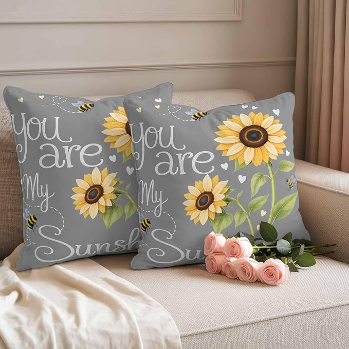 Outdoor Pillow Covers Letters You are My Sunshine Decorative Throw Pillow Covers, Pastoral Sunflowers on Gray Throw Cushion Case with Zipper for Patio,Couch,Sofa,Garden 16x16in Set of 2