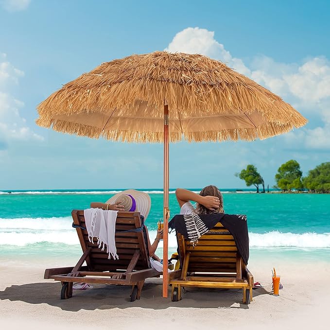 Giantex 6.5Ft Thatched Tiki Umbrella, Hawaiian Style Patio Grass Umbrella with 8 Ribs & Tilt Adjustment, Outdoor Portable Beach Sunshade for Yard, Garden & Poolside