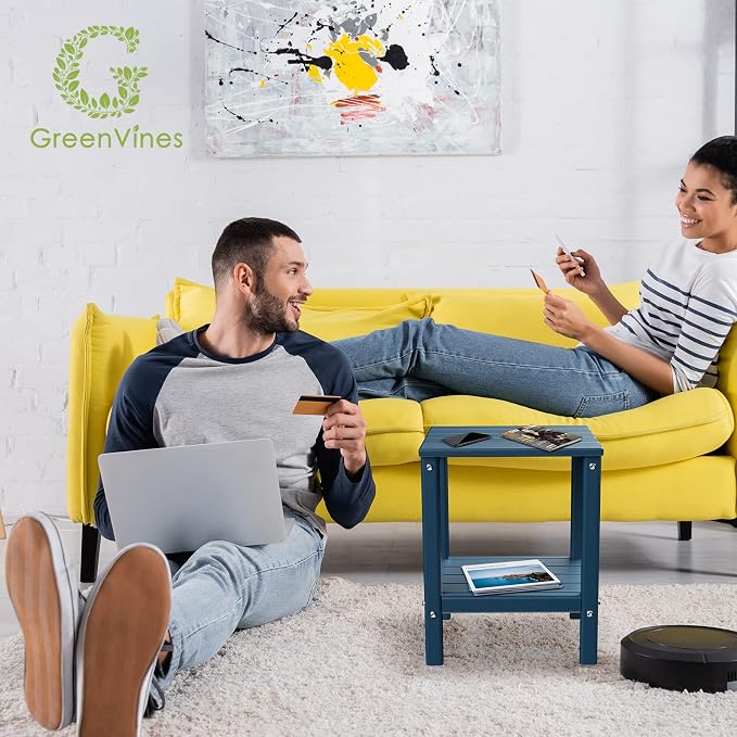 GREENVINES Adirondack-Outdoor-Side-Table | 14 x 13 Inches | HDPE Plastic | All Weather | Blue | Outside End Tables | Storage Shelf | for Patio Porch Backyard Indoor