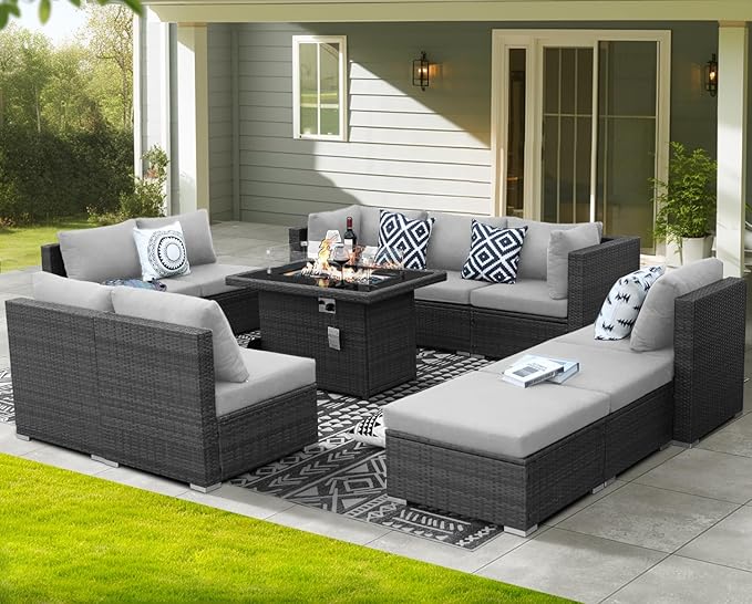 NICESOUL 11 Piece Outdoor Furniture Set with Fireplace, Luxury Big 10-Seats Patio Sectional, 29.3'' High-Back Backyard Seating Comfy, All-Weather Wicker Couch Sets for Outside, Deck, Light Grey