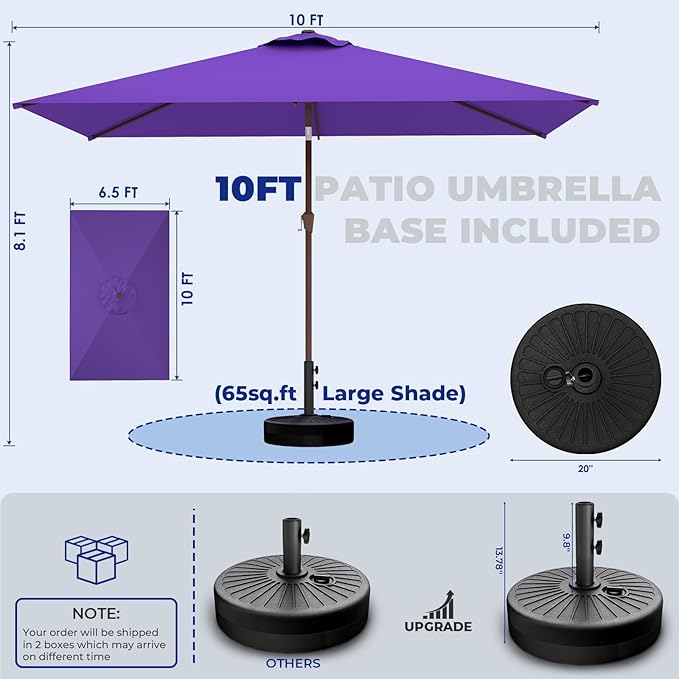 BRIOPAWS 6.5X10 FT Rectangular Patio Umbrella with Base Included | Rectangle Outdoor Umbrellas | 6 Sturdy Steel Ribs | Push Button Tilt & Crank | Heavy Duty for Garden Lawn Deck Backyard Pool |