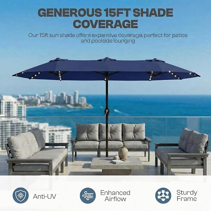 15FT Patio Umbrella with Solar Lights, Double-Sided Extra Large Outdoor Table Umbrella with Base Included, Heavy-Duty 12 Iron Ribs Market Umbrella for Garden, Pool, Backyard, Navy Blue