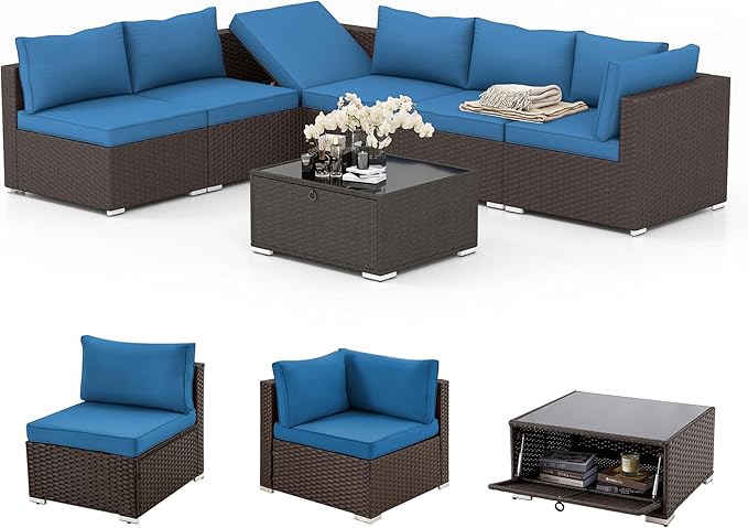 7 Piece Patio Furniture Set with Adjustable Bracket Wicker Rattan Patio Conversation Sets Outdoor Sectional Sofa Set with Wood Table and Cushions for Porch Lawn Garden, Blue