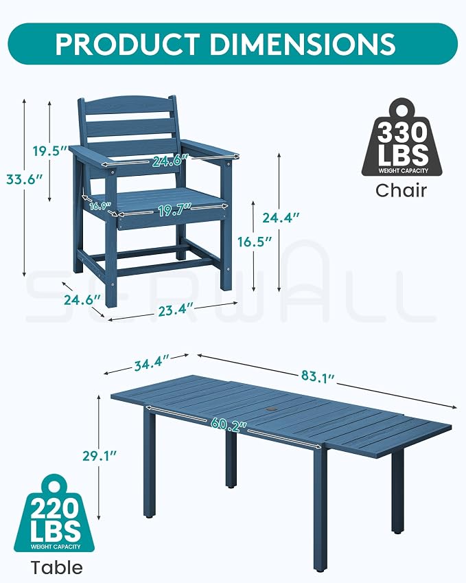 SERWALL 60" - 83" Expandable Outdoor Dining Table and 6 HDPE Chairs, Blue | Outdoor Dining Set for 6, All Weather Aluminum and HDPE Outdoor Furniture Set, Extendable Patio Dining Table