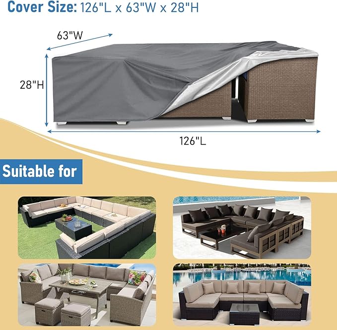 AKEfit Patio Furniture Covers,500D Heavy Duty Waterproof for Outdoor Square and Retangle Patio Table and Chair Covers,Grey -126"L x 63"W x 28"H