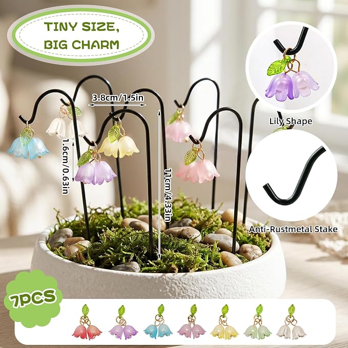 YAHUIPEIUS 7PCS Miniature Garden Stakes,Resin Mini Lily Decorative Potted Plant Stake with Metal Hooks Small Accessories for Terrarium Succulent Pots Indoor Outdoor Plants Decor (Mini Flower)
