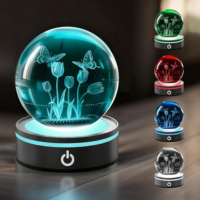 L LOHAS LED 3D Crystal Ball Night Light-Laser Engraved Floral with Silver Base, RGB 4-Color Changing Touch Control Decor Night Light,USB Plug-in & Battery Powered,as a Gift for Girls & Wife