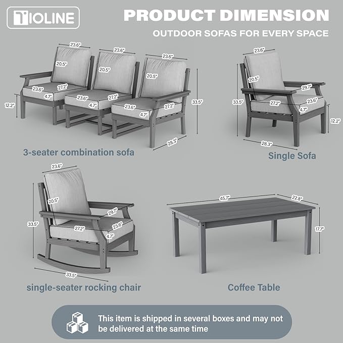 HDPE Patio Conversation Set, 6-Piece All Weather Outdoor Furniture Set with 1 Single Rocking Armchairs for Deck, Lawn, with Cushion, Gray