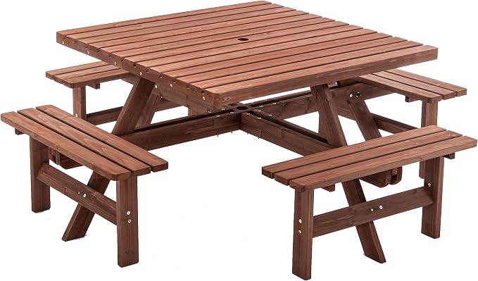 Wood Picnic Table Bench Set for 4-8 Person, Square Picnic Tables for Outdoor with Umbrella Hole and Benches, Outside Dining Table Patio Furniture Set for Garden, Backyard, Porch and Deck