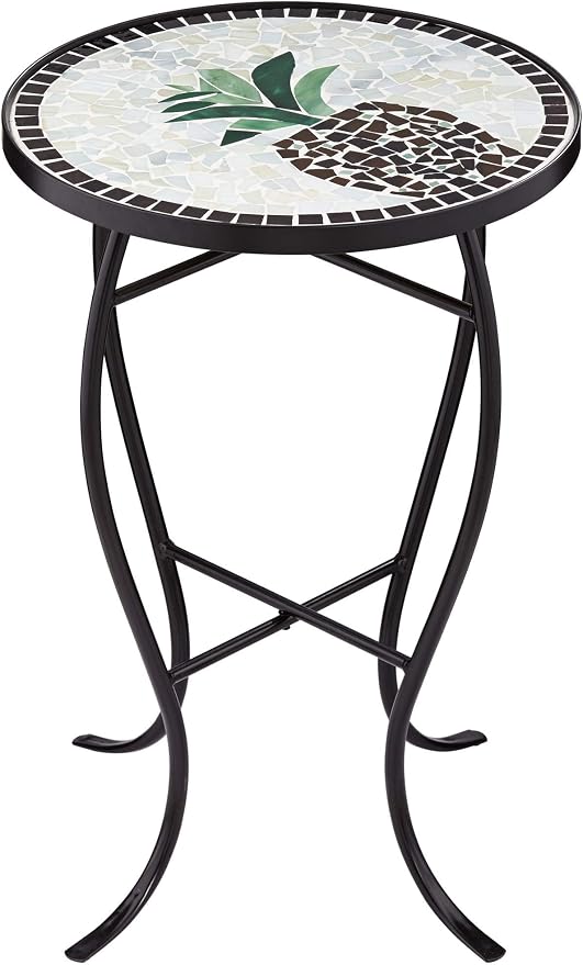 Teal Island Designs Beige Pineapple Modern Black Metal Round Outdoor Accent Side Table 14" Wide Black Glass Mosaic Tabletop Gracefully Curved Legs for Front Porch Patio Home House Balcony Deck Shed