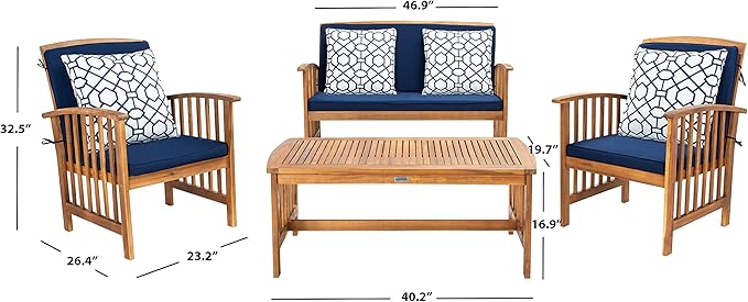 SAFAVIEH Outdoor Collection Rocklin Natural/ Navy Blue Cushions/ Geometric Pattern Pillows 4-Piece Conversation Patio Set