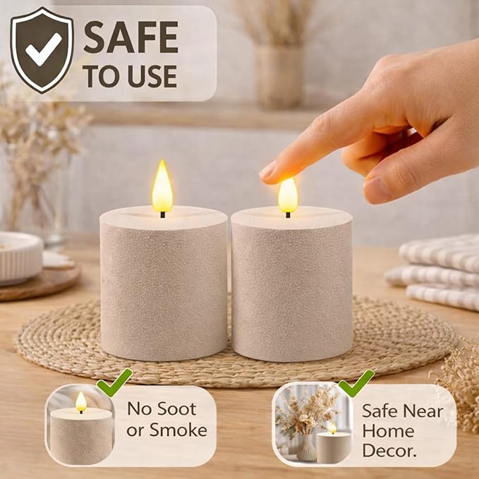 smtyle 3x3 inch Flicking Flameless Taupe Sand Finish Textured LED Pillar Fake Minimalist Battery Operated Candles with Remote for Living Room Bedroom Table Decor
