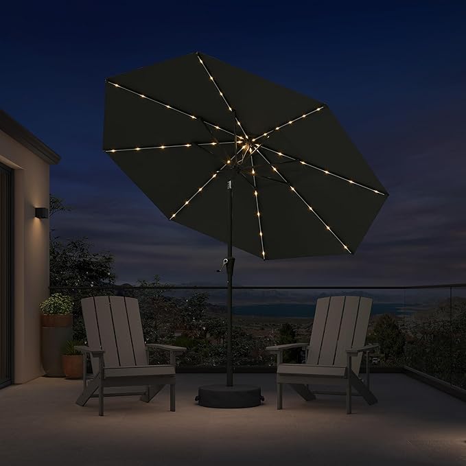 PURPLE LEAF 9' Round Patio Umbrella with Solar LED Outdoor Table Umbrella Aluminum Frame Market Umbrella with 8 Sturdy Ribs & Tilt for Garden Deck Lawn Pool Gray