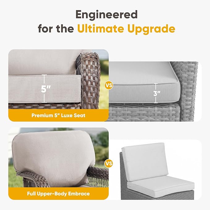 Belord Luxury Patio Furniture Set with 5-inch Thick Cushion, Outdoor 3-seat Sofa and High Back Swivel Rocker Patio Chairs and Ottoman, 6PCS Wicker Conversation Set for Deck Yard and Poolside,Beige