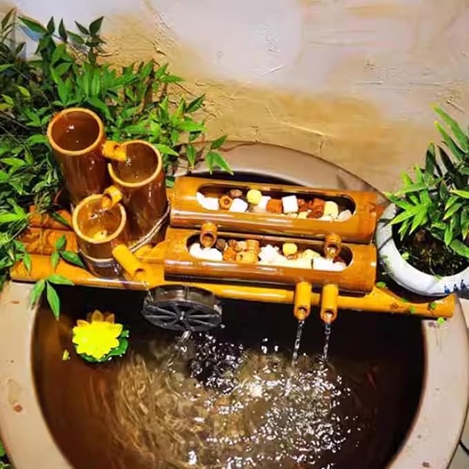 Solar Bamboo Fountain with Pump, Backyard Landscaping Decoration, Outdoor Zen Waterfall Ornament, Freestanding Circulating Fountain for Patio, Garden, Fish Tank, Pond