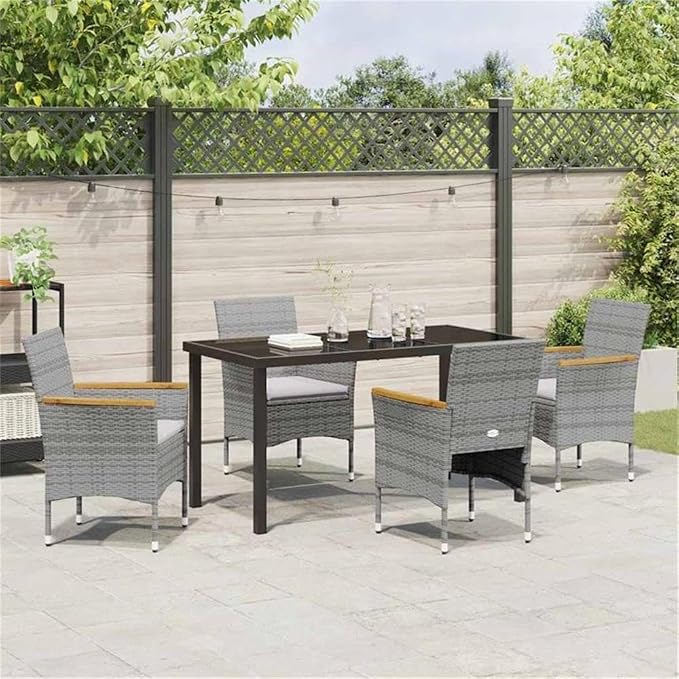 Afuera Living 5 Piece Poly Rattan Garden Dining Set, Gray UV-Resistant Material, Powder-Coated Steel Frame, Tempered Glass Tabletop, Acacia Wood Armrests, Lightweight, Modern Patio Furniture for