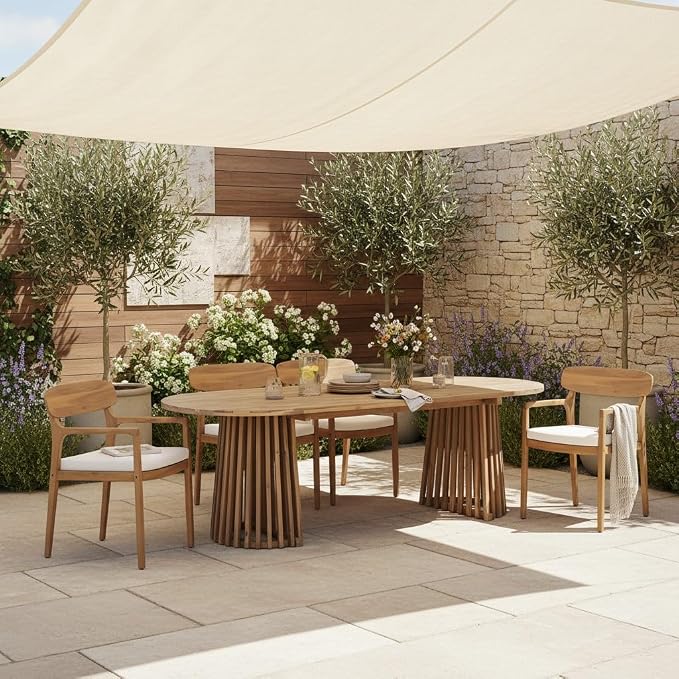 Christopher Knight Home Zoa Acacia Wood Dining Set for 4, Outdoor Dining Table with Dual Slatted Pedestal Bases, Outdoor Dining Chairs with Cushions, 5 Piece Patio Dinner Set, Beige/Light Teak/Brown