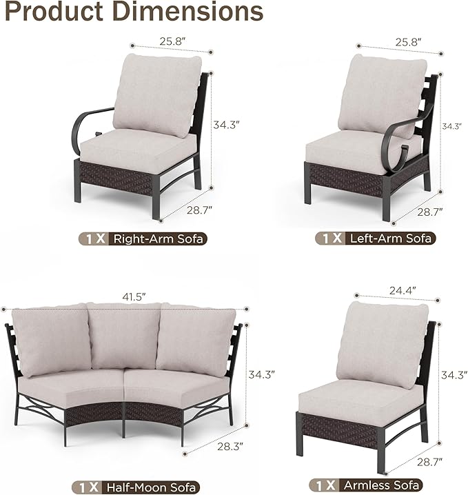 PHI VILLA 6 Piece Half Moon Patio Furniture Set, Outdoor Curved Wicker&Metal Sectional Conversation Set for Garden Balcony and Backyard