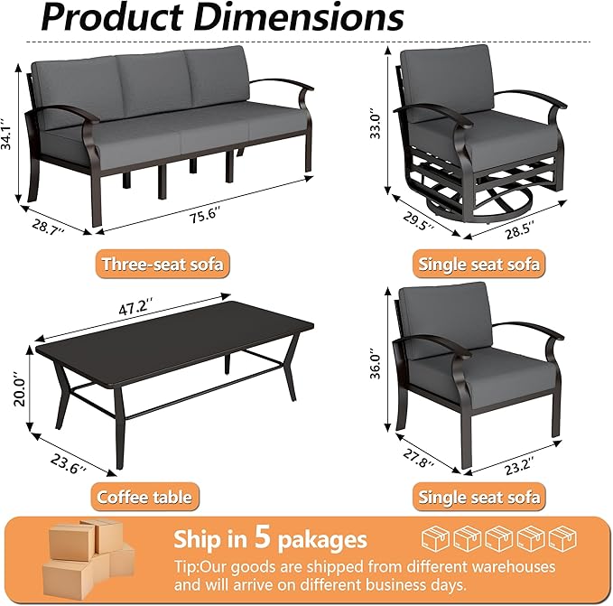 Aluminum Patio Furniture Set with Coffee Table,7 Seats Metal Modern Outdoor Furniture w/5.1" Thick Cushions, Sectional w/Swivel Chairs for Backyard,Grey