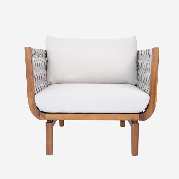 Merax Outdoor Acacia Wood Club Chair wtih Cushions, Patio Sofa Chair with Hand-Woven Rope, Deep Seating for Porch, Lawn, Backyard, Balcony, 400 lbs Weight Capacity, Teak+ Beige