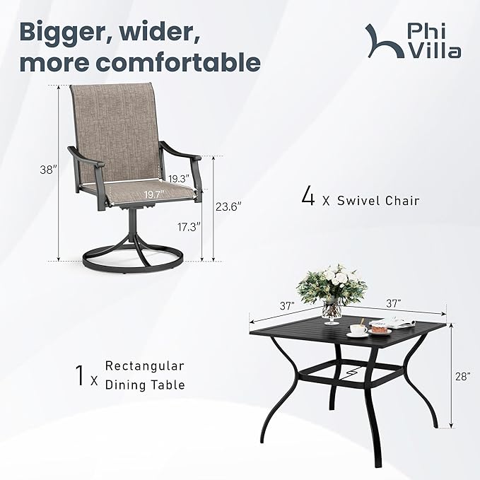 PHI VILLA 5 pcs Patio Dining Set,Outdoor Swivel Dining Chairs 4 and Metal Dining Table,Quick-Dry Textilene Fabric and Sturdy Metal Frame,Outdoor Table and Chairs for Yard