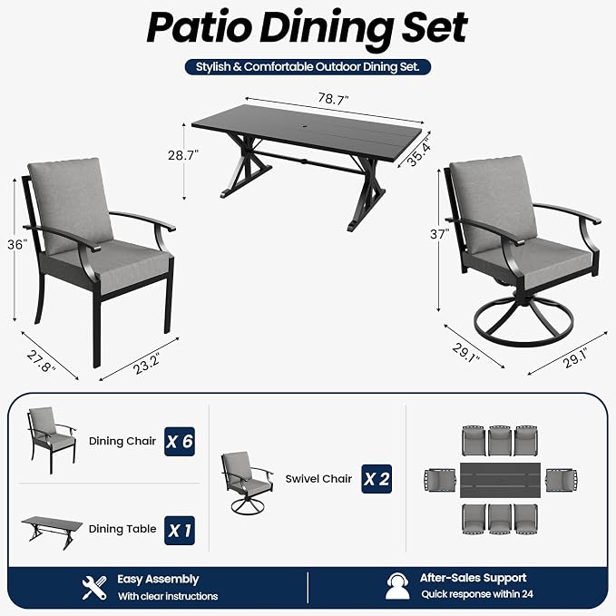 9 Piece Outdoor Dining Set for 8, Metal Patio Table and Chairs with Cushions, Patio Furniture Set with 2 Swivel Chairs, Rectangular Metal Dining Table with Umbrella Hole, Lawn Deck Yard-Grey
