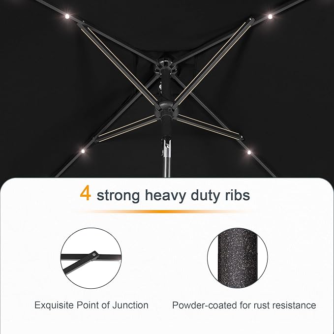 Square Patio Umbrella With Solar Lights, 6.5x6.5ft Square Umbrella Outdoor Patio with Tilt and Crank for Pool, Deck, Garden,Backyard