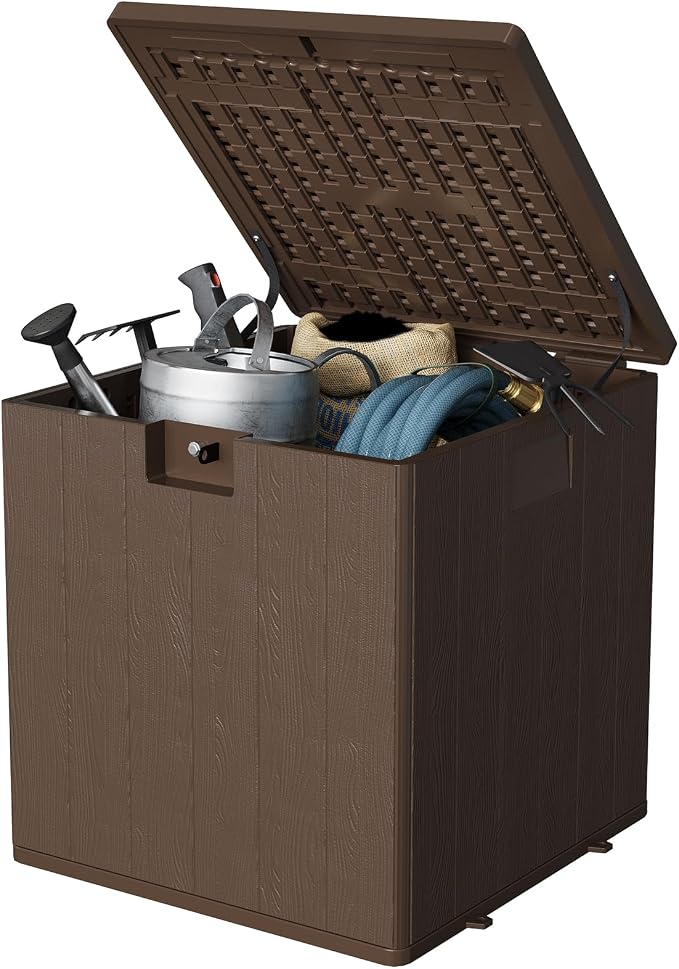 Large 28 Gallon Outdoor Storage Deck Box with Locking Lid - Heavy-Duty Waterproof Resin Construction, for Patio Cushions, Gardening Supplies & Package Protection, Includes Handles, Brown 1