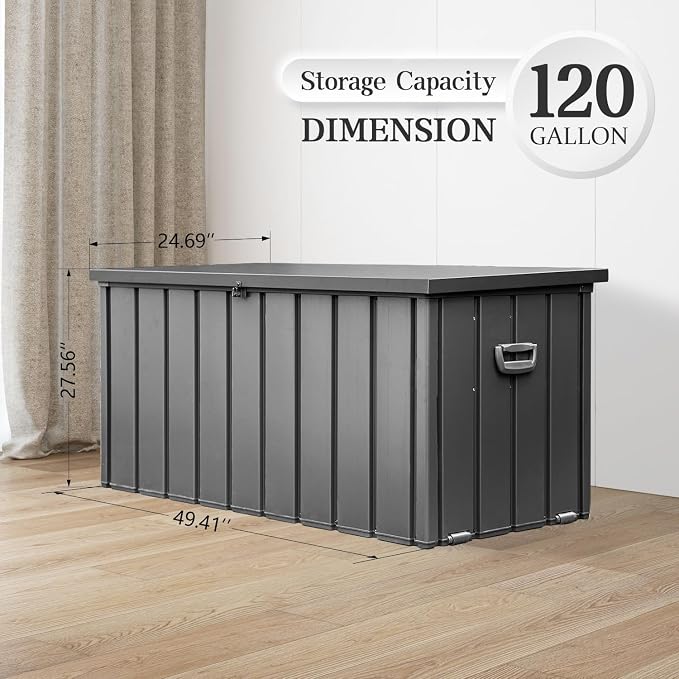 Domi 120 Gallon Deck Box, Metal Outdoor Storage Box with Lock Wheels, Waterproof Outside Storage Box for Patio Cushions
