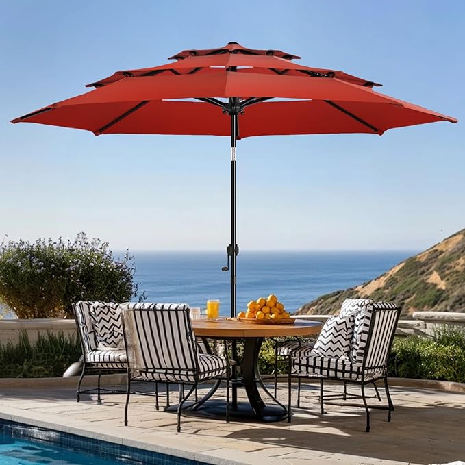 wikiwiki 10ft 3-Tier Patio Umbrella Outdoor Table Market Umbrella for Patio with Push Button Tilt/Crank, Fade Resistant Waterproof POLYESTER Canopy for Garden, Lawn, Deck, Backyard & Pool, Red