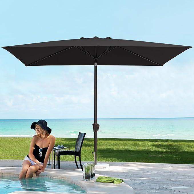 JEAREY 6.5x10ft Olefin Rectangular Patio Umbrella, Rectangle Outdoor Umbrellas with Auto Tilt Crank System, Market Table Umbrella UV Protection Fade-Resistant for Pool Deck Garden Yard, Black