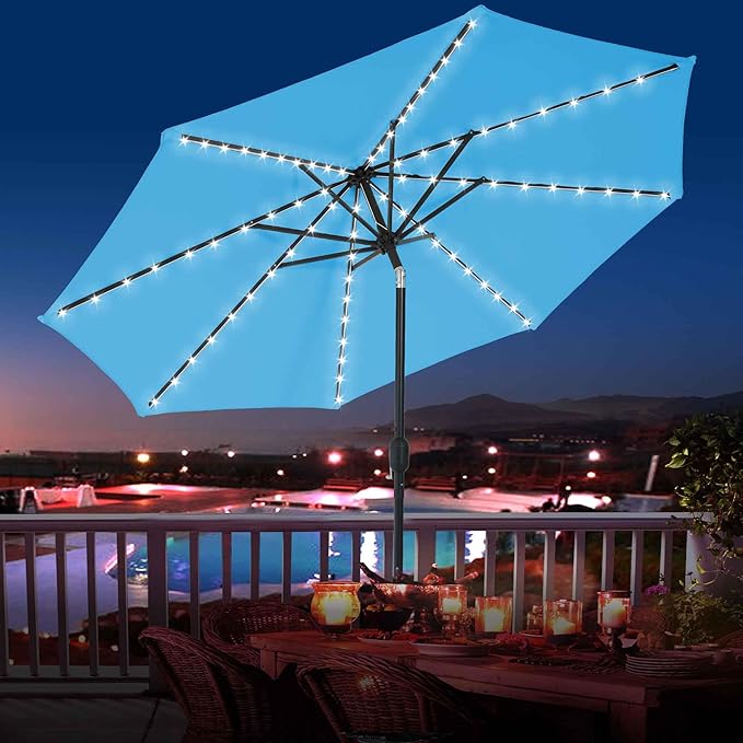 Sundale Outdoor Solar 88 LED 10 ft Patio Umbrella with Sand Bag Umbrella Base, Outdoor Umbrella with Tilt and Crank, Sky Blue