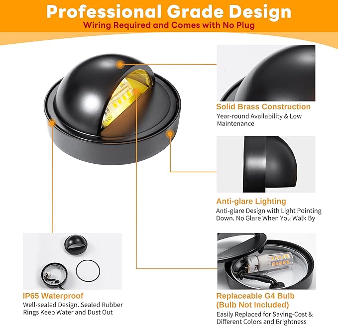 Gardenreet Low Voltage Deck Lights - Outdoor Solid Brass Step Lights, Landscape 12V LED Hardwired Waterproof, Round Black Lighting for Fence Wall Yard Stair Without G4 Bulb 12 Pack