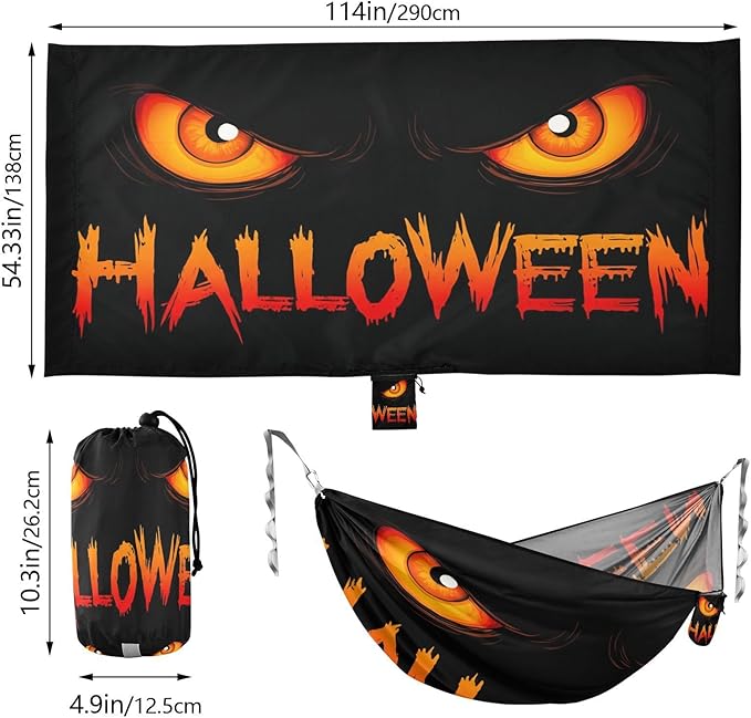 Hammocks for Outside Halloween Orange Eyes Camping Hammock Portable Hammocks with Tree Straps and Carry Bag Camping Accessories for Hiking Beach Outdoor