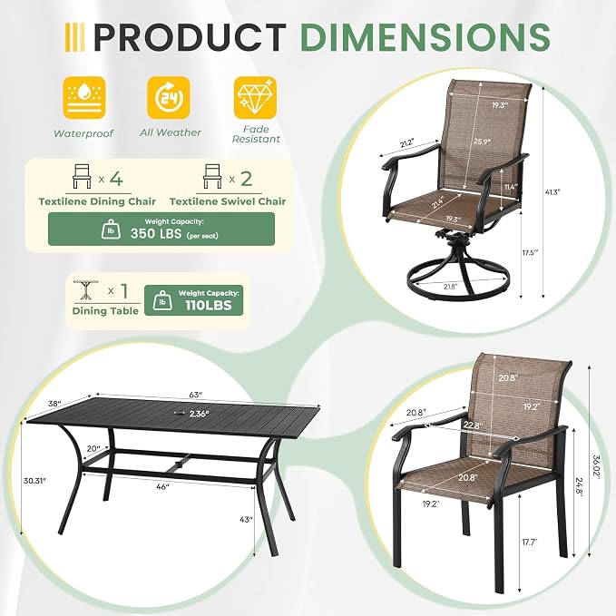 LVUYOYO 7-Piece Outdoor Patio Dining Set, Textilene Swivel Dining Chairs & Rectangular Table Set, All-Weather Table and Chairs Set with Umbrella Hole for Backyard, Garden,Balcony,Porch (Brown)