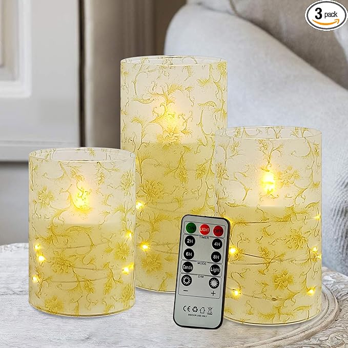 Flickering Flameless Candles, Recessed String Light LED Candles 3D Wick Acrylic Battery Operated LED Pillar Candles with Remote and Timer for Modern Simple Home Decor Set of 3(Gold Flower)