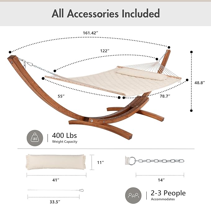 ANOW Heavy Duty Curved Wood Arc Stand with 2 Person Hammock, 13.5FT Larch Wood Stand with 2 Chains, 4 Balance Ropes and 4 Carabiners, Includes Cream Hammock with Spreader Bars