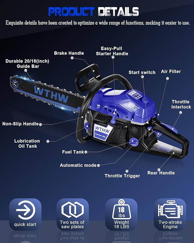 58 cc Gas Powered Chainsaw, 20 in & 18 in Quick-Switch Bars – 550 ml Fuel 260 ml Oil Tanks, Automatic Chain Oiler, Centrifugal Air Filter, Quick Start, Inertial Chain Brake (Black)
