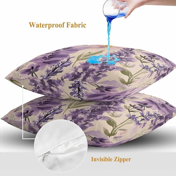 Spring Flowers Outdoor Waterproof Throw Pillow Covers Set of 2, 18"x18", Lavender Leaf Purple Floral Vintage Decorative Pillow Covers Outside Cushion Case for Patio Porch Garden