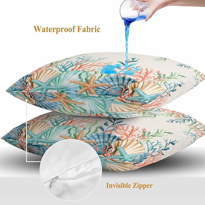 Throw Pillow Covers 20x20 Inch Set of 2, Summer Ocean Waterproof Outdoor Pillow Covers, Watercolor Coastal Coral Shell Seaweed Beige Decorative Cushion Pillowcases for Couch, Sofa, Bed, Garden, Patio