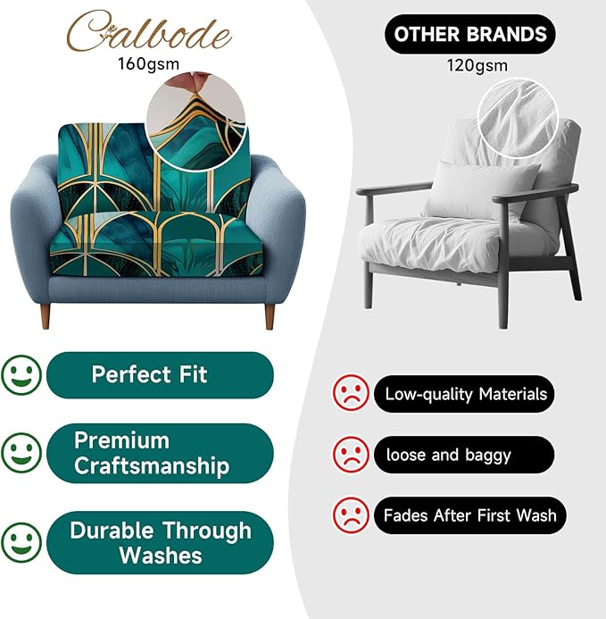 CALBODE 12Pcs Stretch Patio Cushion Cover, Art Deco Geometric Pattern Couch & Sofa Slipcovers for Patio Furniture Cushions Washable Reusable Couch Covers Replacement for All Season(Green, Cover Only)