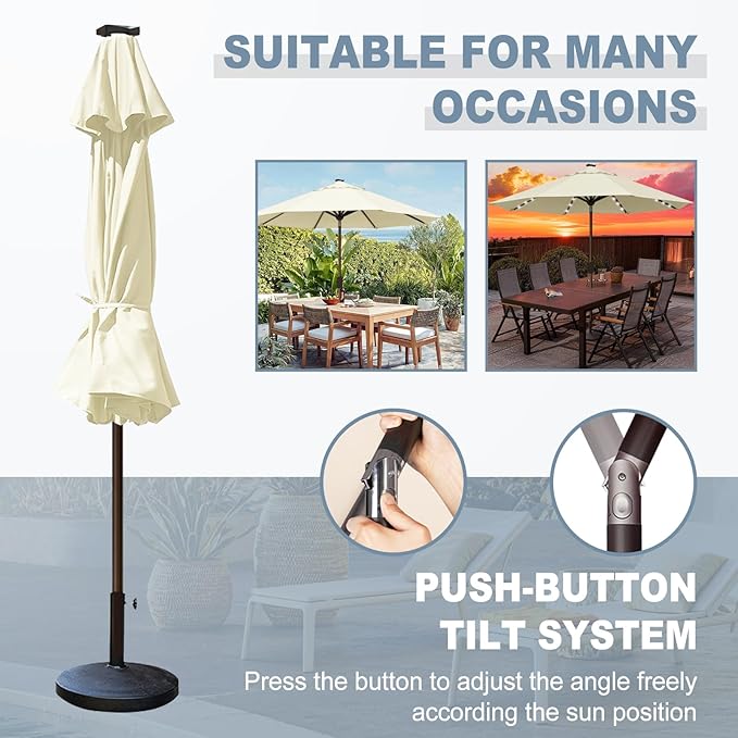 EliteShade USA 10-Year-Non-Fading 10ft Market Patio Umbrella, Commercial Grade Table Sun Umbrella with 80 Solar LED Lights, Crank Open, Windproof & UPF 50+ UV Protection for Garden, Deck, Pool, Backyard, Natural