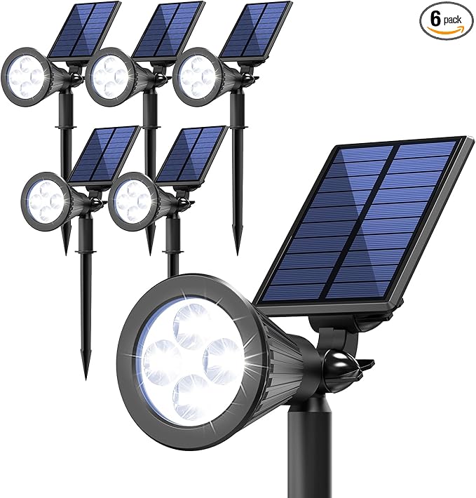 Solar Lights Outdoor Waterproof IP65, Cool White Light, 2 Lighting Modes, Solar Spotlights for Yard Garden Solar Spot Lights for Flag Landscape Auto On/Off-6 Pack