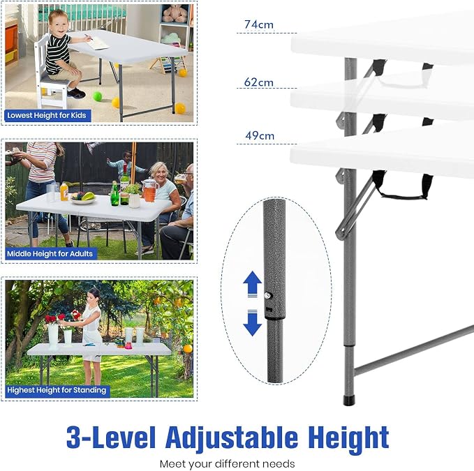 TANGZON 4FT Folding Picnic Table, 3 Adjustable Heights Camping Table with Carry Handle, Indoor Outdoor Dining Table for BBQ Catering Buffet Party, 150KG Capacity (Grey Feet, 120 x 60 x 49/62/74cm)