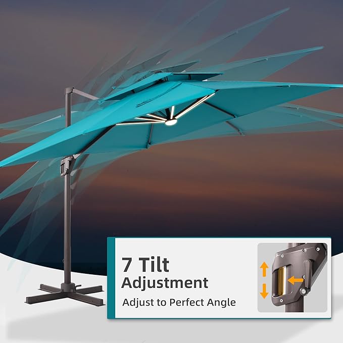 9x12 FT Patio Umbrella with LED Lights Cantilever Outdoor Large Heavy Duty Rectangle Aluminum Offset Umbrellas Double Top 360 Rotation 7 Tilt Adjustment for Pool Deck Garden, Turquoise