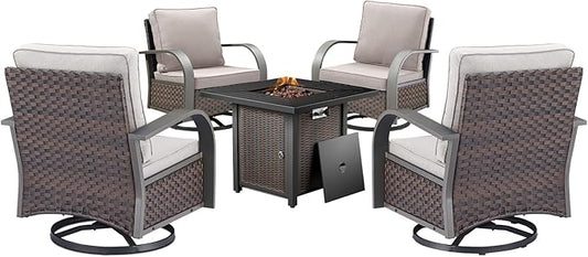 HUMMUH Outdoor Furniture with Fire Pit - Patio Table and Chairs Set of 4 Swivel Patio Chairs for Deck Porch Garden Poolside Backyard - Brown/Beige