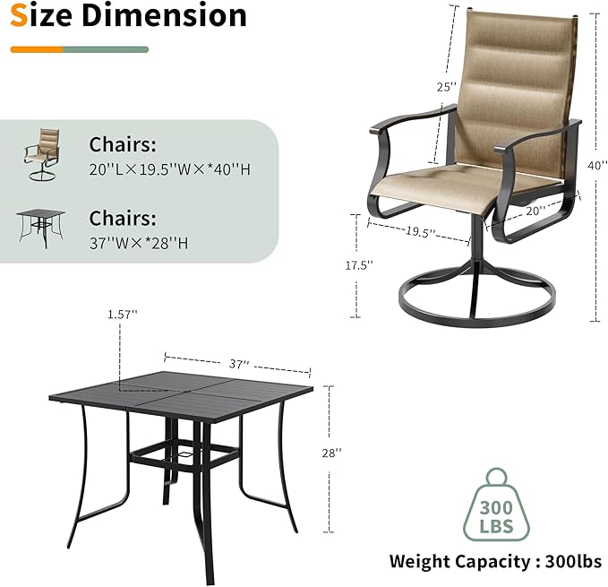 UDPATIO 5 Piece Outdoor Patio Table and Chairs Set, Patio Table with Chairs, 37" Square Table with Umbrella Hole, Outdoor Swivel Rocker Dining Chairs, Patio Outdoor Dining Set for Lawn, Deck, Yard