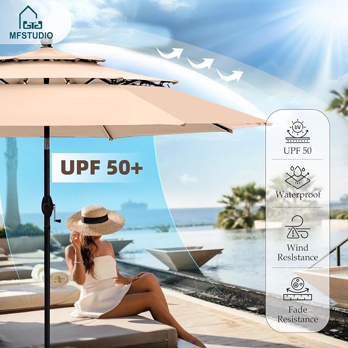 MFSTUDIO 6-Piece Patio Dining Set, 37" Square Metal Table, Swivel Chairs | Umbrella Included, Umbrella Base Not Included, Beige
